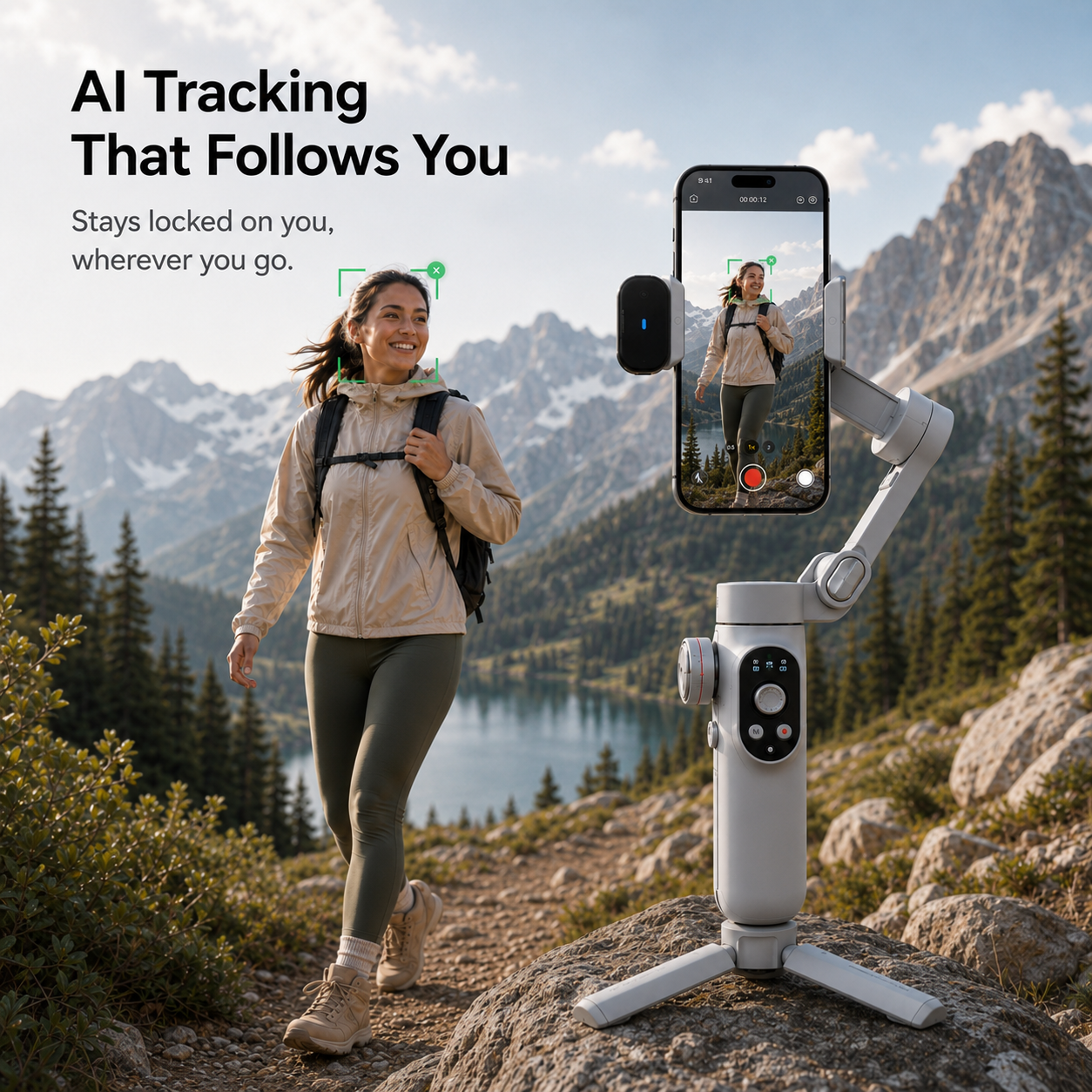 Creator Flow AI smartphone gimbal tracking a hiker outdoors with automatic face tracking technology for hands-free content creation.