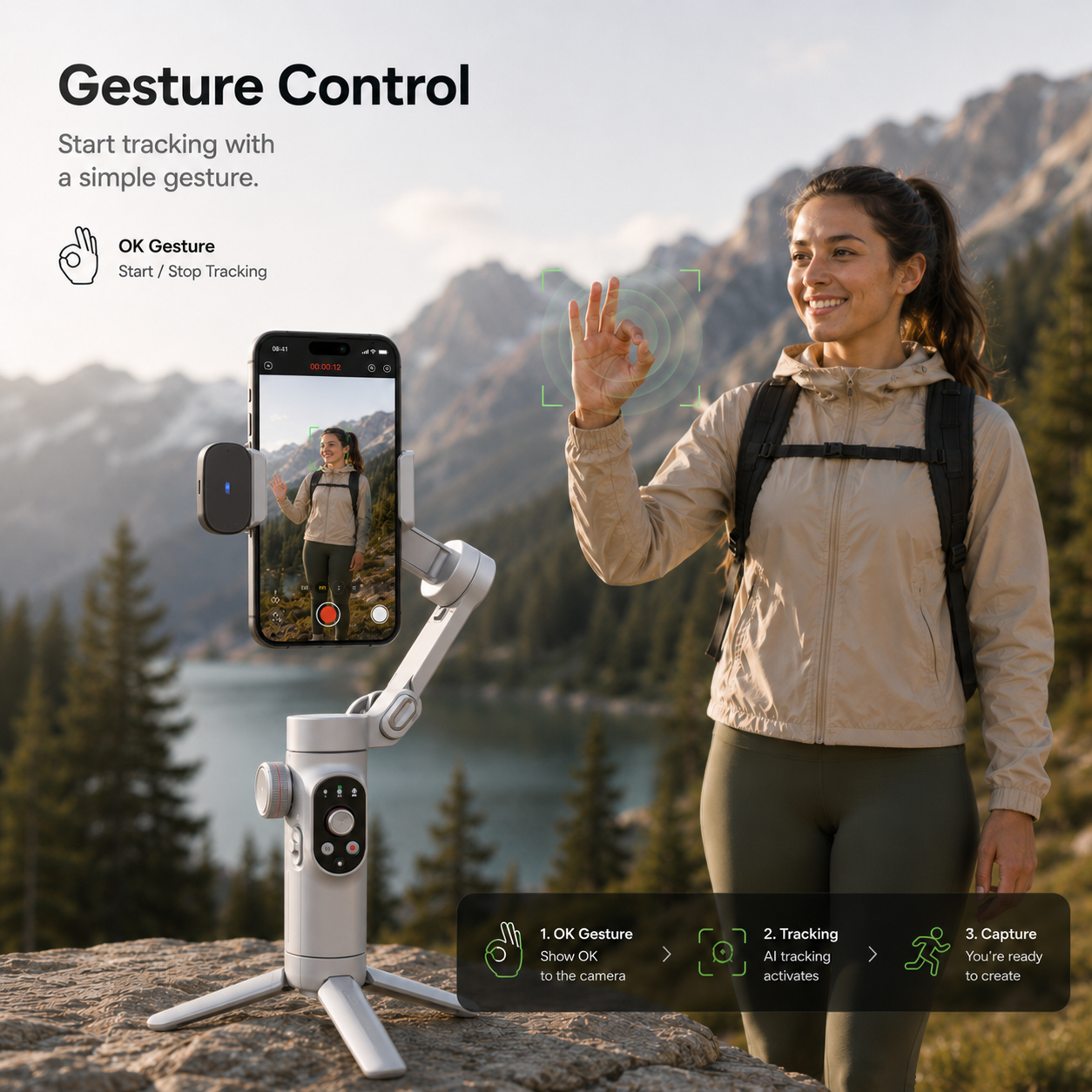 Creator Flow AI smartphone gimbal with gesture control allowing hands-free activation of automatic face tracking.